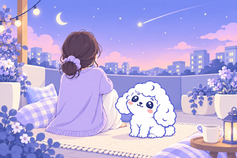 별이 뜬 밤 옥상에서 보호자와 하얀 곱슬 강아지가 나란히 앉아 쉬는 그림